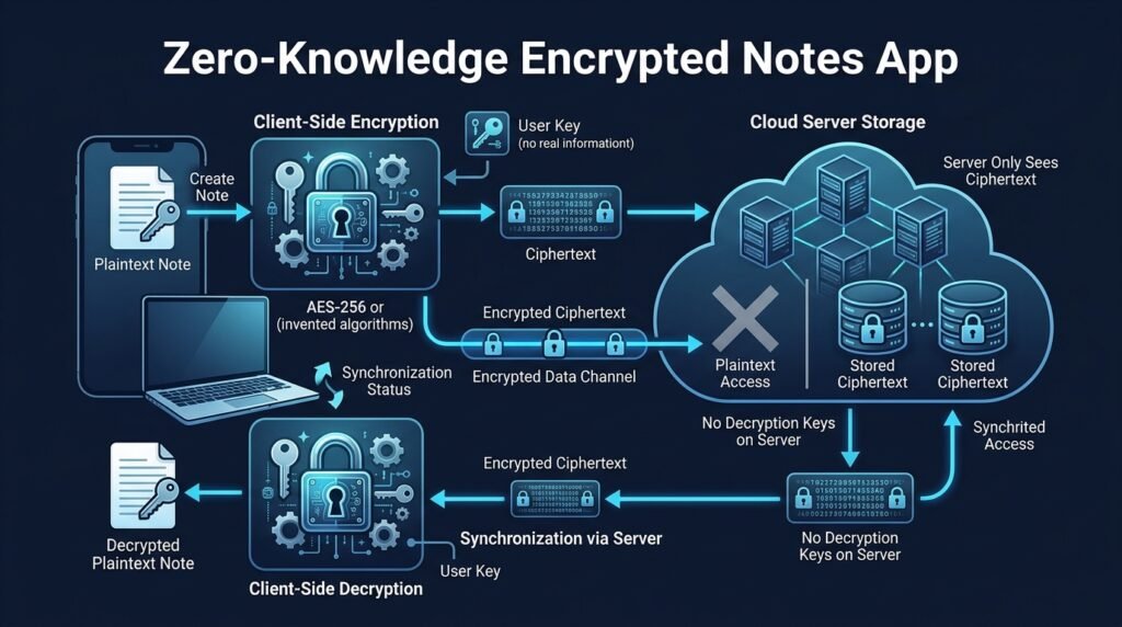 Diagram of a note encrypted on a device into ciphertext rows stored on a server labeled zero-knowledge, with keys kept on the device.