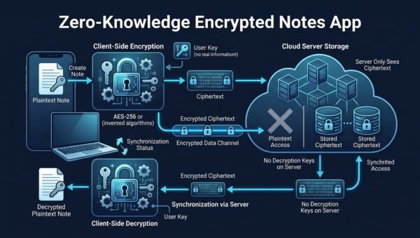 Diagram of a note encrypted on a device into ciphertext rows stored on a server labeled zero-knowledge, with keys kept on the device.
